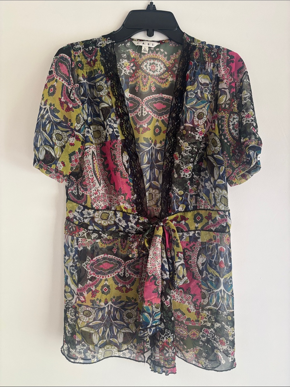 CAbi | Sheer Floral Paisley Tunic in Olive, Pink & Navy Sz L